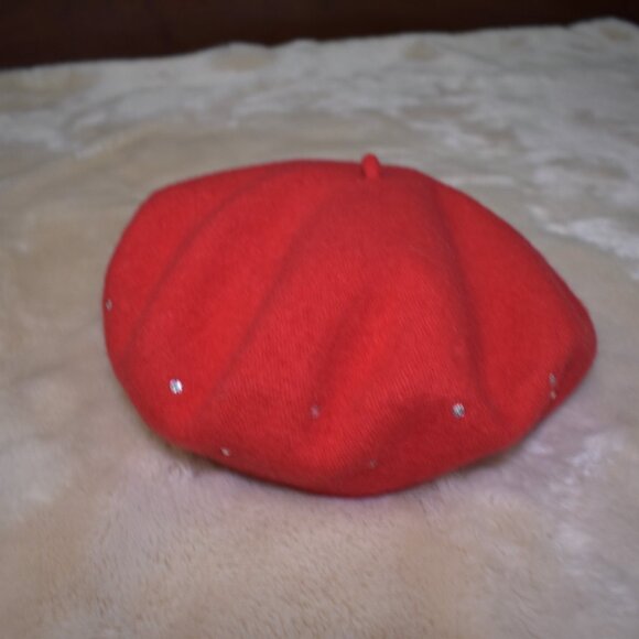Vintage Red Wool Beret French Girl Style Sparkly Embellished Hat Chic - Picture 3 of 12
